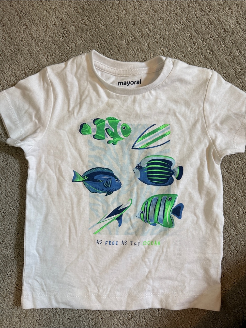 Mayoral White Tee with Blue and Green Tropical Fish Print
